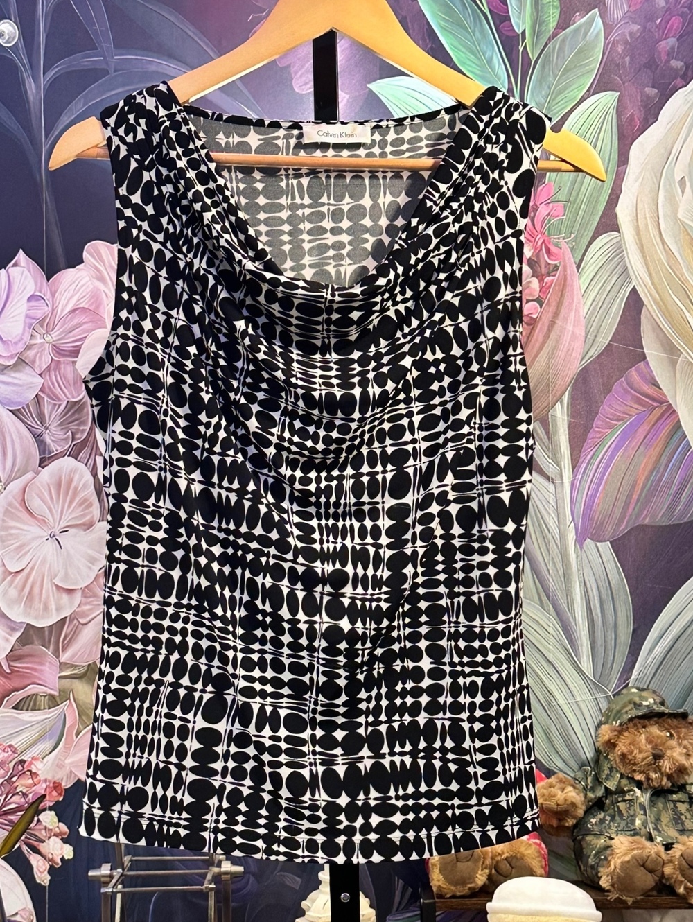 Calvin Klein M Stretch Sleeveless Top Black White Geometric Stretch Blend